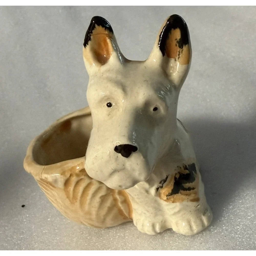 Vintage Occupied Japan Scottie Dog Planter Ceramic Terrier Basket 1945-1952